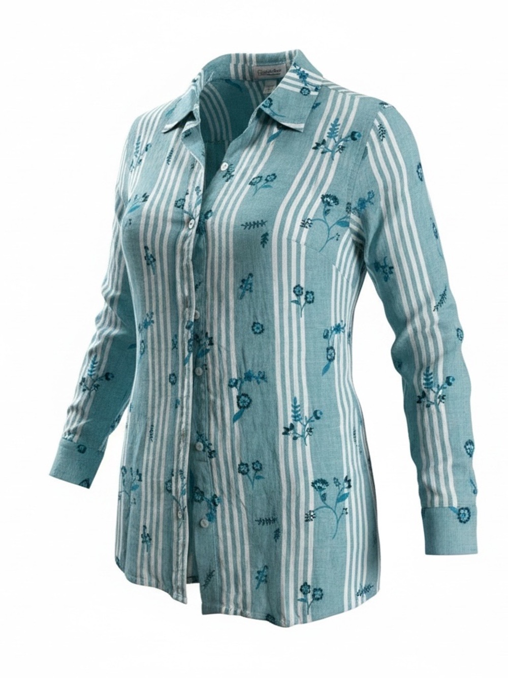 Coldwater Creek Teal Striped Floral Button-Down Shirt